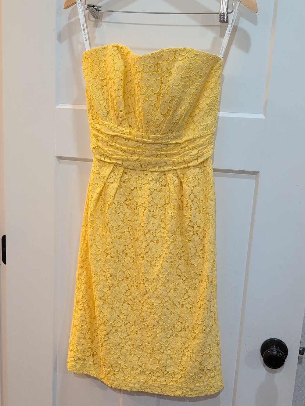 David's Bridal Strapless Yellow Lace Sheath Dress